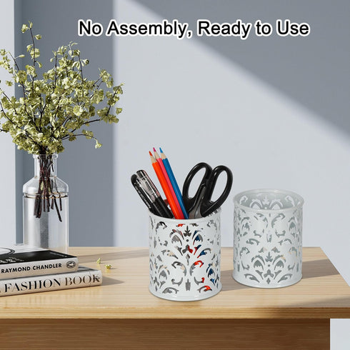 EasyPAG Metal Round Pencil Holder 2 Pack - White Pen Cup Organizers for Desk