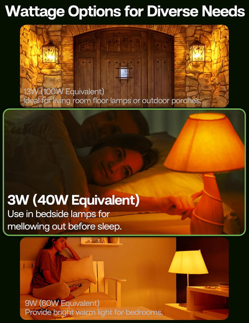 Bulbs: 3W Bulb 1800K, Bulbs 40W E26 Bulbs 2 Pack Amber Sleep Light Amber Warm Light Blue Light Blocking Dim Light