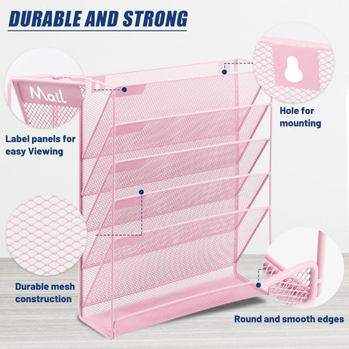 EASEPRES Wall File Holder Organizer - Cute Pink 5 Tier Hanging File Rack for Home Office Supplies