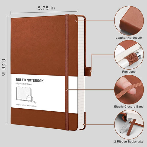 RETTACY Notebook Journal - A5 College Ruled Notebook with 192 Numbered Pages, Notebook for Work, School, Writing, 100 GSM Acid-Free Paper, Leather Hardcover, Inner Pocket, 5.7'' × 8.3'' (Brown)