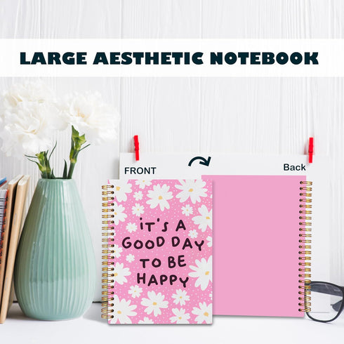 BearCake It's A Good Day To Be Happy Inspirational Notebooks, Cute Pink Aesthetic Floral Notebook, Hardcover Spiral