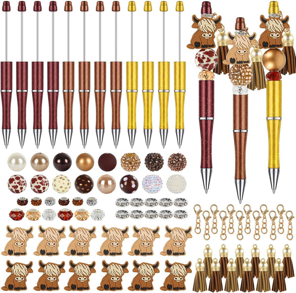 Beadable Highland Cow Pens Bulk - 12 Sets of Multicolor Gel Ink Pens for Kids & Students, Black Ink