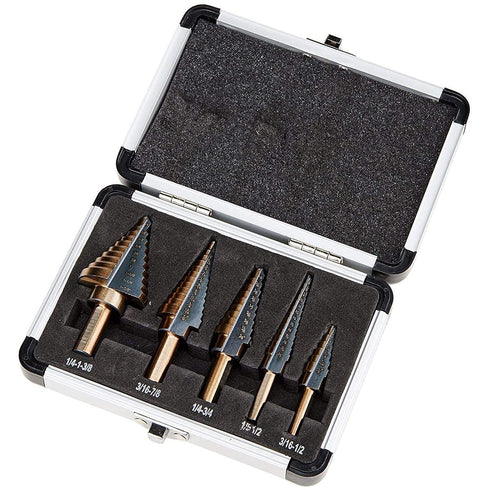 Zhushan 5pcs Step Drill Bit Set, High Speed HSS Cobalt Multiple Hole Sizes with Aluminum Case