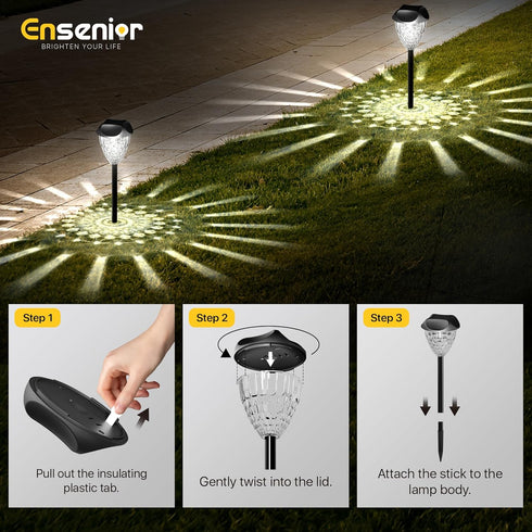 12-Pack 6500K Ensenior Solar Lights Outdoor, Auto ON/Off LED Solar Garden Lights for Pathway, Yard, Patio, Walkway