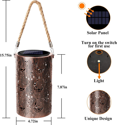 Toodour Solar Lantern Outdoor, Hanging Solar Outdoor Lights Garden Decor, Waterproof Hollow Out Retro Metal Moon