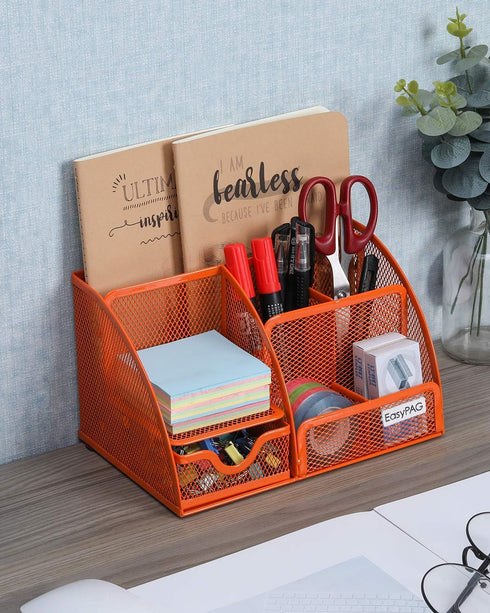 EasyPAG Orange Desk Organizer, Mesh Caddy with 6 Compartments and 1 Drawer for Office, Home, School