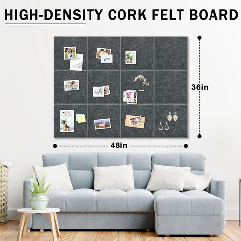 Large Cork Board Tiles, 12 Pack 47" x 35" Self Adhesive Bulletin Board for Office, School & Home - Grey with 120