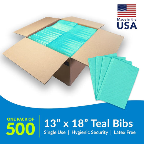 917410 4 13 18 (Pack 500) 3-Ply TIDI Ultimate Dental Bib, Teal, Layers, W x L of Disposable Dental Bibs Embossed Tissue