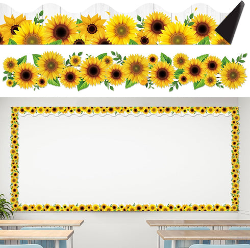 Capoda 24 Pcs Rustic Farmhouse White Wood Magnetic Borders for Classroom Whiteboard Summer Sunflower Trim Decorations