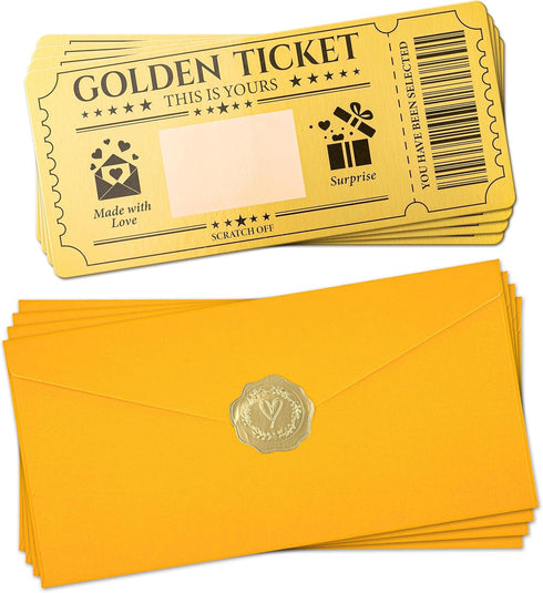 VELATYVIO 12 Sets Golden Ticket Custom Scratch off Cards with Envelope and Stickers