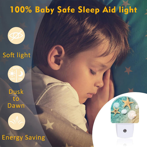 sndheke Summer in,0.5w Starfish and Seashell Night Light Plug into Wall, Beach Ocean Waves Dusk to Dawn Night Light