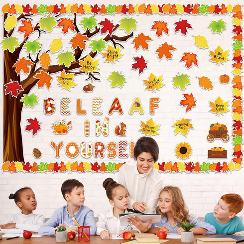 gisgfim Fall Classroom Tree Bulletin Board Set, Motivational Decorations with Leaves Cutouts for School