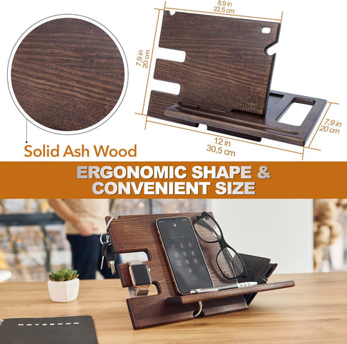 TESLYAR Wood Phone Docking Station, Ash Key Holder Wallet Stand Organizer for Men, Wenge