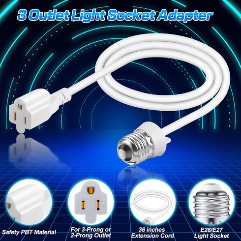 3 Outlet Light Socket Adapter, Convert E26/E27 Bulb Socket to 3 Prong Outlet with Extension Cord, Flexible Light Socket Converter Suitable for Indoor Outdoor Porch Garage Patio Use (White, 1 Pcs) by Feekoon