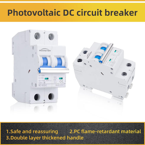 Circuit Breaker, DC Circuit Breaker 2 Pole 500v 63 Amp for Solar PV System, Din Rail Mount DC Breaker