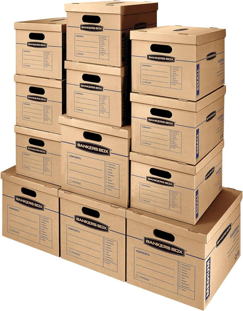 Bankers Box Classic Moving Box 12 Pack Kit, Reinforced Handles, Tape-Free Assembly, 8 Small and 4 Medium Boxes