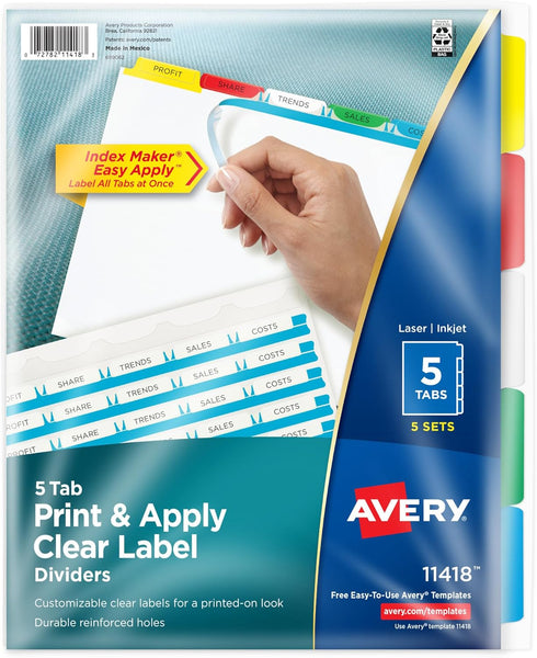 Avery 5 Tab Dividers for 3 Ring Binder, Customizable Multicolor Tabs, Easy Print & Apply, 5 Sets