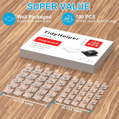 TidyHelper 100 PCS Outdoor Light Clips Clear (Small & Large), Adhesive Cable Clips for Wall Wire Holder Cable