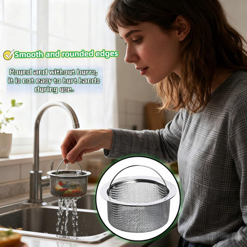 2-Pack, (3.14"-3.34" Stainless Steel Kitchen Sink Strainer - Deep Cup Basket Design, Upgraded Double-Layer Safety