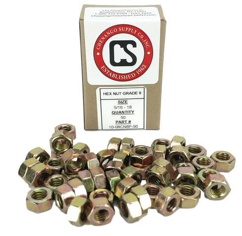 5/16-18 USS Hex Head Nuts, Grade 8 (50pcs) Alloy Steel, Quenched and Tempered, Yellow Chromate Zinc Coating