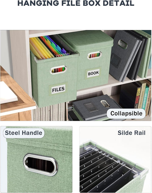 Oterri Hanging Filing File Box with Lid, Collapsible Document Organizer Box for Letter Size, 2 PCS, Green