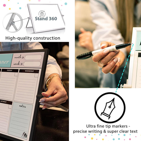 Weekly Dry Erase Board - Black Frame Desktop Calendar White Board with Weekly & Monthly Planners, 12x16 inch