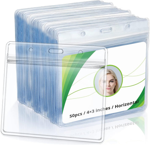 4x3 Inches Horizontal Badge Holder, Clear ID Card Holder with Waterproof Resealable