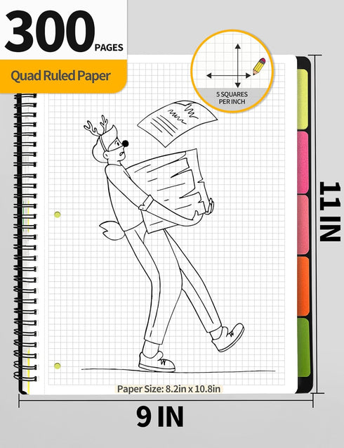 SUNEE Graph Paper Notebook, 300 Pages, 5 Subject, 8.2"x10.8", 5 x 5mm Grid, 5 Pocket Colored Dividers, 3-Hole Punched