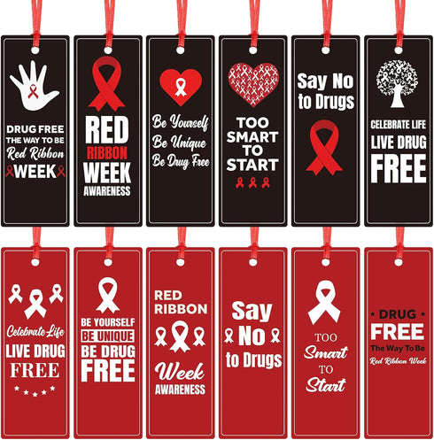 Qilery 120 Pcs Red Ribbon Week Drug Free Bookmarks, Awareness Bookmarks with Ribbon for Charity Event