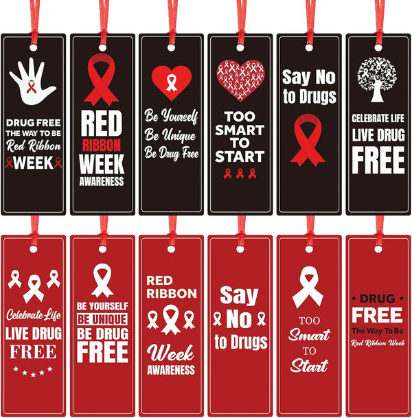 Qilery 120 Pcs Red Ribbon Week Drug Free Bookmarks, Awareness Bookmarks with Ribbon for Charity Event