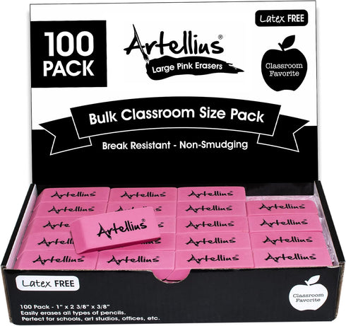 Pink Erasers Pack of 100, Large Size, Latex & Smudge Free, Bulk School Supplies for Classrooms, Teachers, Office