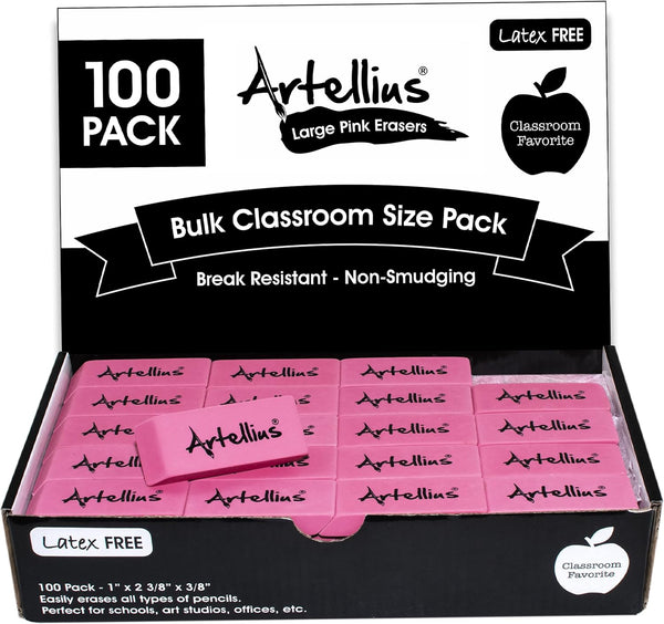 Pink Erasers Pack of 100, Large Size, Latex & Smudge Free, Bulk School Supplies for Classrooms, Teachers, Office