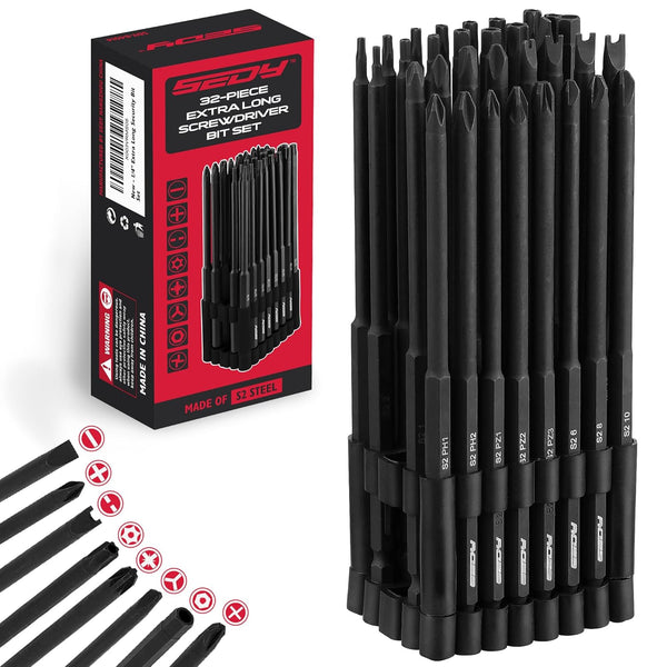 Extra Long Security Bit Set: 32-Piece S2 Steel Screwdriver Drill Bits for