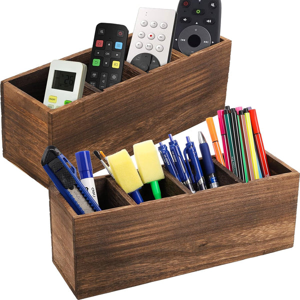 Dicunoy 2 Pack Wooden Pencil Holder for Desk, Rustic Wood Remote Control Caddy, Retro Table Organizer with 4