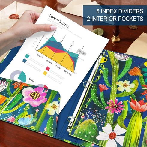 Decorative 3 Ring Binder, 9.7 inch x 12 inch 3 Ring Succulent Hardcover Binder with Dividers & Pockets, Watercolor Cactus Design Decorative Hardcover 3 Ring Binder by KiDEPOCH