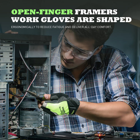 Framer Work Gloves - Fingerless Framing Gloves, Open-Finger Carpenters Gloves, High Dexterity Durable Fit