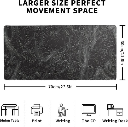 Topographic Contour Extended Big Mouse Pad, 27.6x11.8 Inch Gaming Desk Pad with Non-Slip Base and Stitched Edge