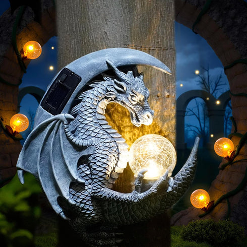 memeyou Dragon Tree Hugger Solar Magic Orb Garden Statue Dragon Solar LED Lights