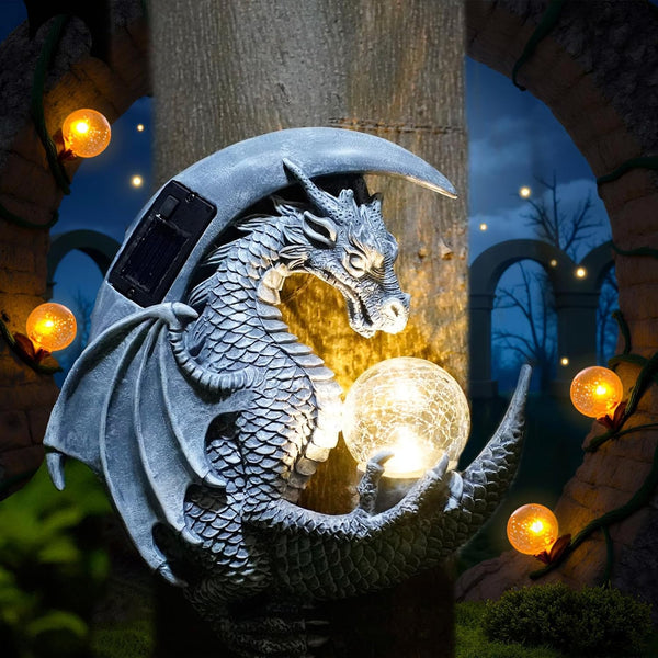 memeyou Dragon Tree Hugger Solar Magic Orb Garden Statue Dragon Solar LED Lights
