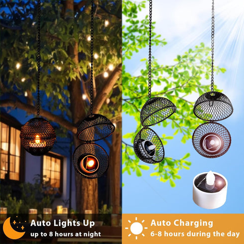 4 Pack Solar Hanging Lanterns Lights Outdoor, Hanging Candle Holder with Solar Tea Lights Candles Outdoor Waterproof