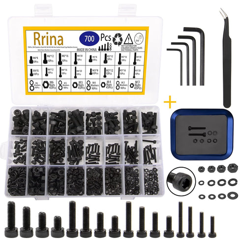 304 Stainless Steel M3 M4 M5 M6 Hex Socket Head Cap Machine Screws Bolts Nuts Washers Assortment Kit 700Pcs