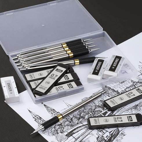 Four Candies Metal Mechanical Pencil Set - 6PCS 0.7mm Art Pencils & 360PCS HB Lead Refills & 3PCS Erasers