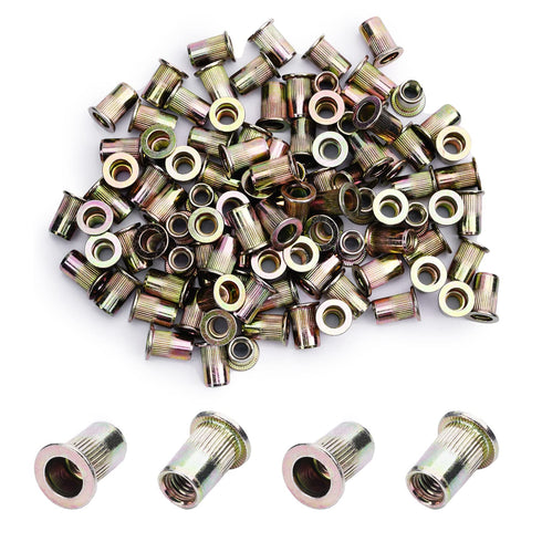 MroMax 100Pcs M6 Carbon Steel Rivet Nuts Flat Head Threaded Insert Nutsert Zinc Plated Finish for Automotive