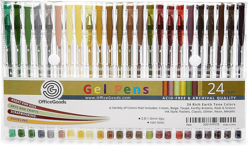 OfficeGoods 24 Pack Brown Earth Gel Pens with Ink Refills - Metallic, Glitter, Classic Colors - 0.8-1.0 mm Medium Tip