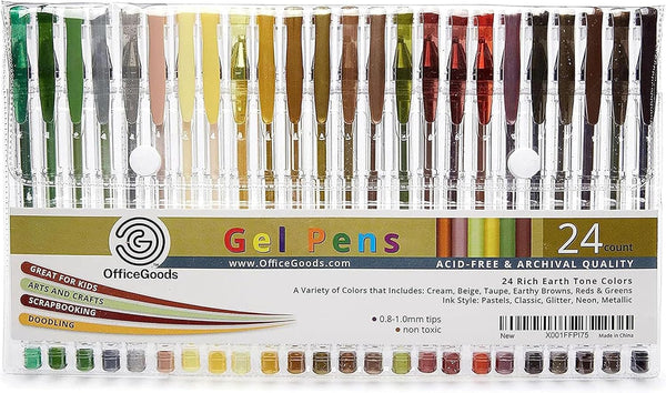 OfficeGoods 24 Pack Brown Earth Gel Pens with Ink Refills - Metallic, Glitter, Classic Colors - 0.8-1.0 mm Medium Tip