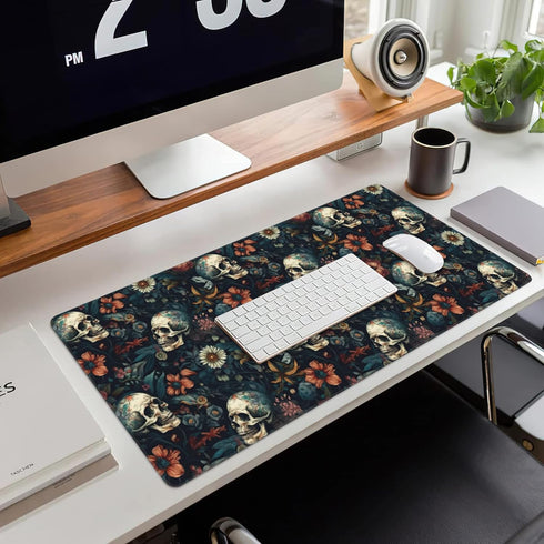 Desk Mat, Skulls with Flowers Large Gaming Mouse Pad XXL, Skull Floral Extended Computer Keyboard Mouse Pad