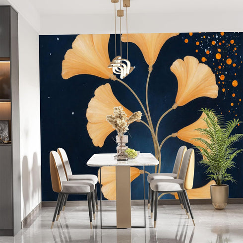 Agglomerix Custom Size Wall Murals Ginkgo Leaves Botanical Watercolor Dark Sky Sparkling Dots SelfAdhesive Removable