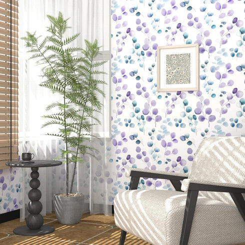 17.5" 393", Laatse Purple Leaf Wallpaper Peel and Stick, Blue Eucalyptus Contact Paper x Modern Botanical Wall Paper