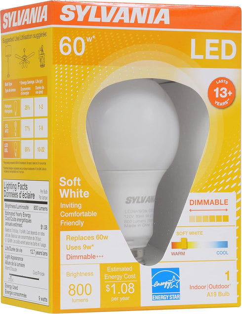A19 Bulb, 9W, 60W 13 Dimmable, 800 2700K, 1 Pack (74687) Sylvania LED Light Equivalent, Years, Lumens, Soft White
