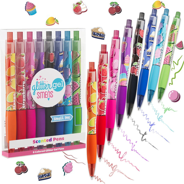 Glitter Gel Smens, Patented Gourmet Scented Colored Glitter Gel Ink Pens, Medium Point, 8 Count